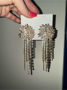 Christian Siriano Gold Crystal & Pearl Fringe Statement Earrings